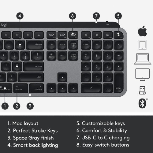 Open Box - Logitech MX Keys Bluetooth Backlit Keyboard for Mac - Space Grey