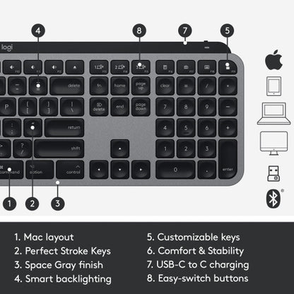 Open Box - Logitech MX Keys Bluetooth Backlit Keyboard for Mac - Space Grey