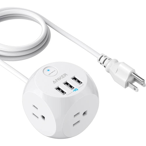 Anker Power Strip with USB, 8 ft Extension Cord, PowerPort Cube USB with 3 Outlets and 3 USB Ports - White