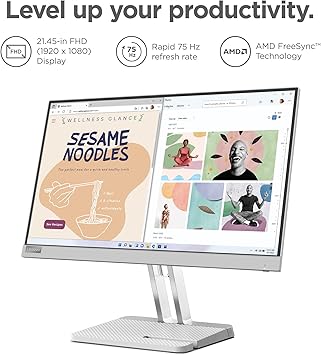 Lenovo L22e-40 Monitor, 21.45” FullHD Resolution, 250 nits Brightness, 75Hz Refresh Rate, AMD FreeSync, HDMI and VGA Ports - Cloud Grey