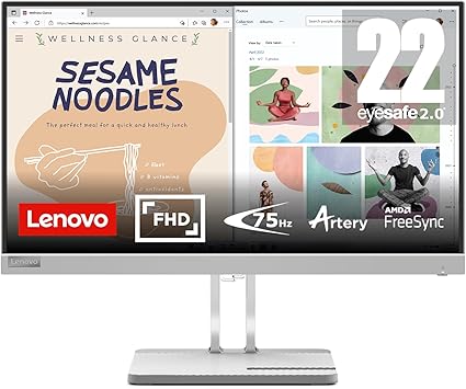 Lenovo L22e-40 Monitor, 21.45” FullHD Resolution, 250 nits Brightness, 75Hz Refresh Rate, AMD FreeSync, HDMI and VGA Ports - Cloud Grey